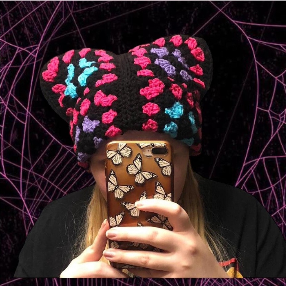 crochet black, blue, pink, and purple granny square cat ear beanie HANDMADE